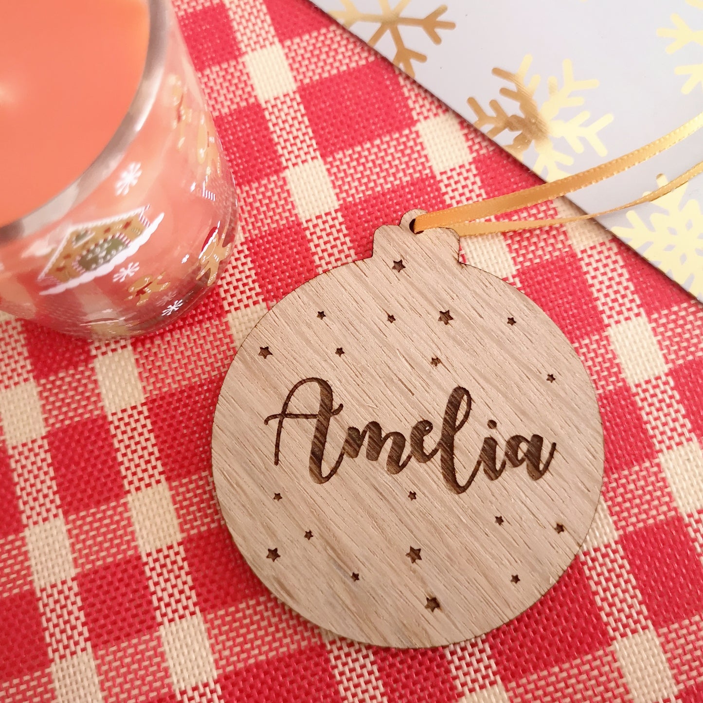 Name and Stars Personalised Oak Bauble