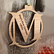 Load image into Gallery viewer, First Christmas Engraved Oak Letter Christmas Bauble
