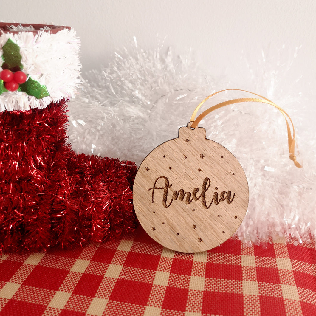 Name and Stars Personalised Oak Bauble