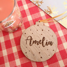 Load image into Gallery viewer, Name and Stars Personalised Oak Bauble
