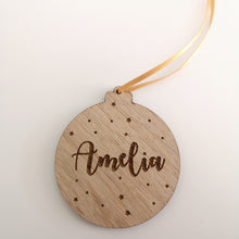Load image into Gallery viewer, Name and Stars Personalised Oak Bauble
