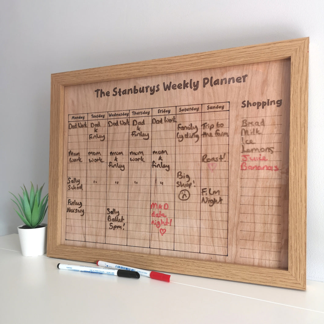 Family Weekly Planner, Organisation Hack, Laser Engraved Oak