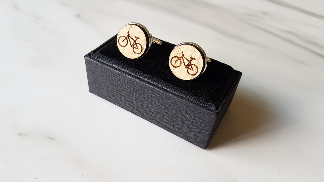 Bicycle Engraved Oak Cufflinks