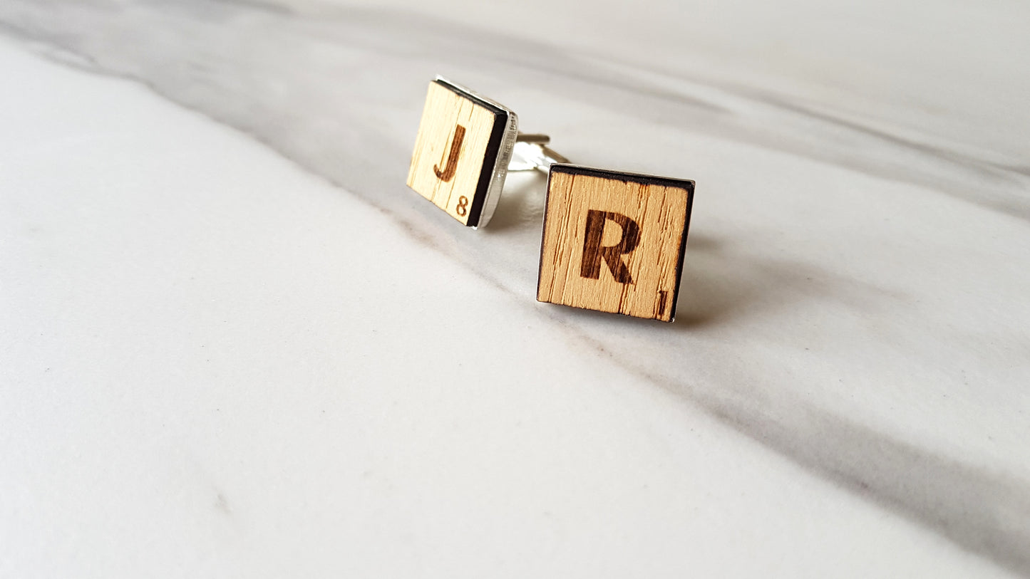 Scrabble Engraved Initials Oak Cufflinks