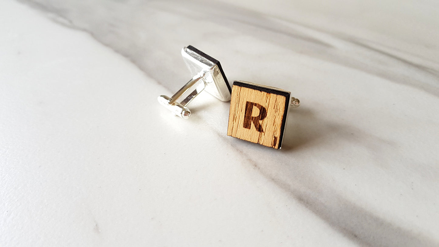 Scrabble Engraved Initials Oak Cufflinks