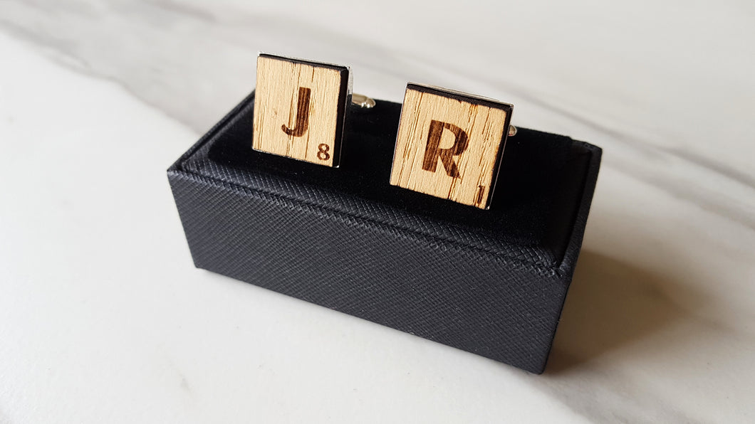 Scrabble Engraved Initials Oak Cufflinks